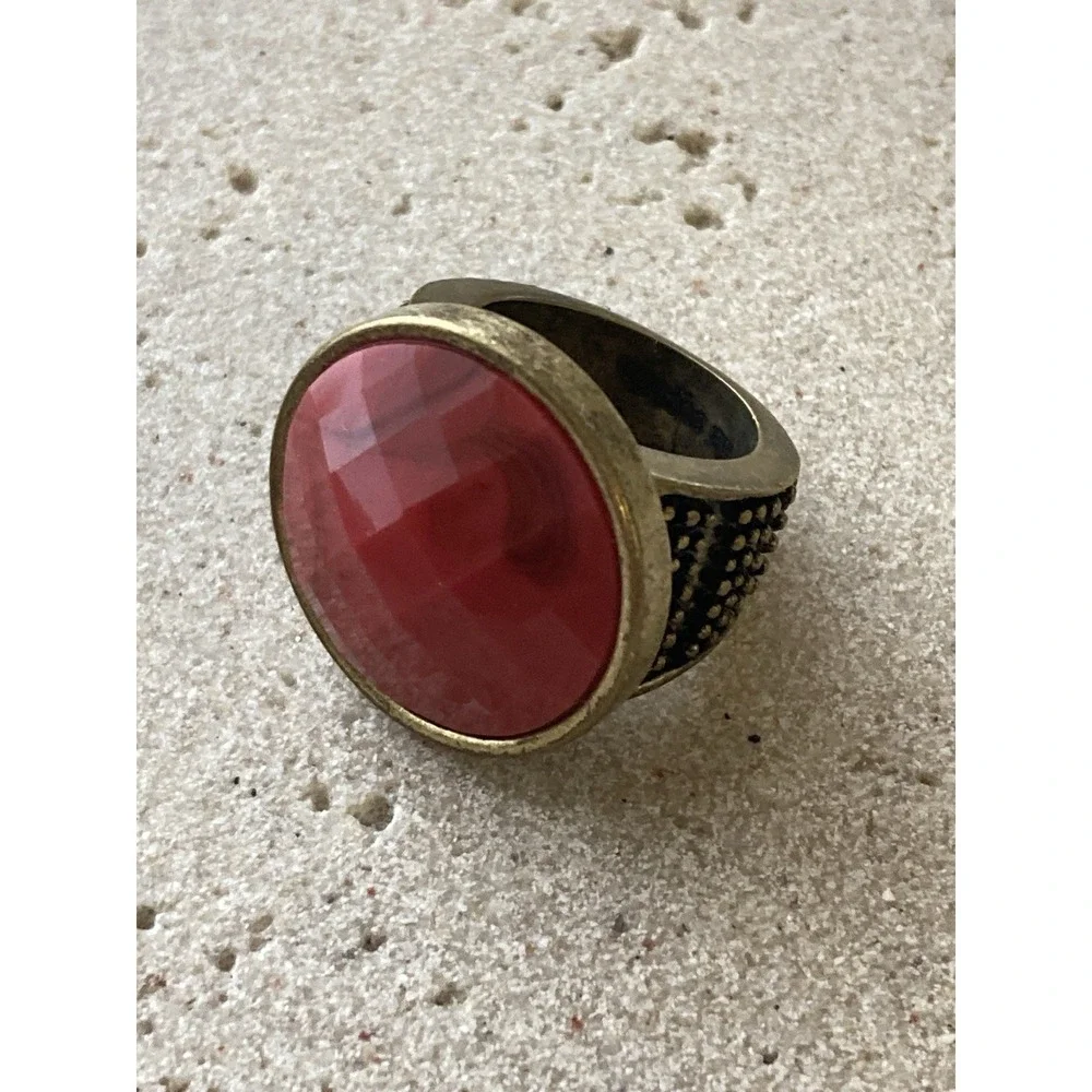 Antiqued Brass Tone Ring Large Red Faceted Cabochon Statement Chunky Renaissance